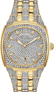 Bulova Mens Crystal Phantom 3 Hand Date Quartz Cushion Shaped Case Watch Pave Crystal Dial 40mm 0