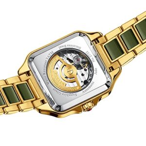 Diella Women Rectangle Dress Watch Automatic Self Winding Jade Stainless Steel Watches For Women Roman Numerals Analog Watch With Date Waterproof 0 0