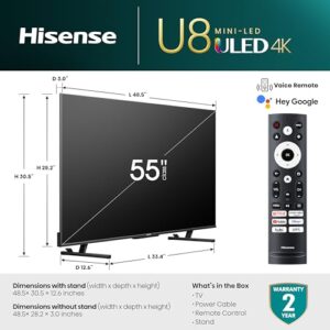 Hisense 55 Inch Class U8 Series Mini Led Uled 4k Uhd Google Smart Tv 55u8k Qled 480 Motion Rate 144hz Game Mode Pro Dolby Vision Iq Hdmi 21 Alexa Compatibility 212 Multi Channel Audio 0 1