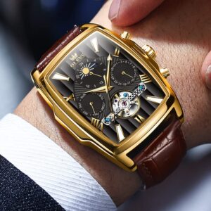 Olevs Mechanical Dress Mens Watches Square Brown Leather Strap Moon Phase Skeleton Tourbillion Day Date Waterproof Luminous Mens Wrist Watches 0 0