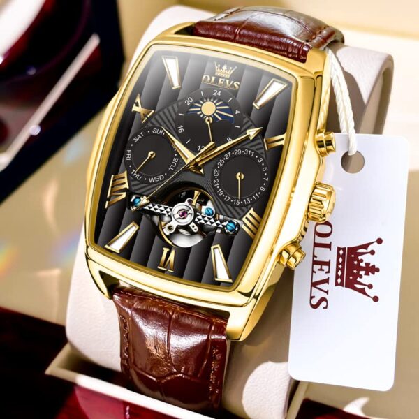 Olevs Mechanical Dress Mens Watches Square Brown Leather Strap Moon Phase Skeleton Tourbillion Day Date Waterproof Luminous Mens Wrist Watches 0 1