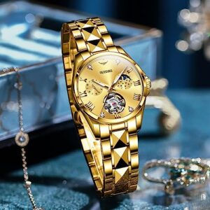 Oupinke Women Automatic Watches Luxury Diamond Flywheel Two Tone Stainless Tungsten Steel Band Moon Phase 24 Hours 0 2