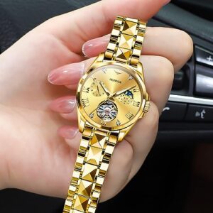 Oupinke Women Automatic Watches Luxury Diamond Flywheel Two Tone Stainless Tungsten Steel Band Moon Phase 24 Hours 0 3