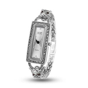 Women Wrist Watches Leopard Pave Marcasite Black 925 Silver Vintage Bracelet 0