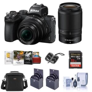 Z50 Dx Format Mirrorless Camera With Nikkor Z Dx 16 50mm F35 63 Vr Z Dx 50 250mm F45 63 Vr Lenses Bundle With Camera Case 32gb Sdhc U3 Card 62 46mm Filter Kits Pc Software More 0